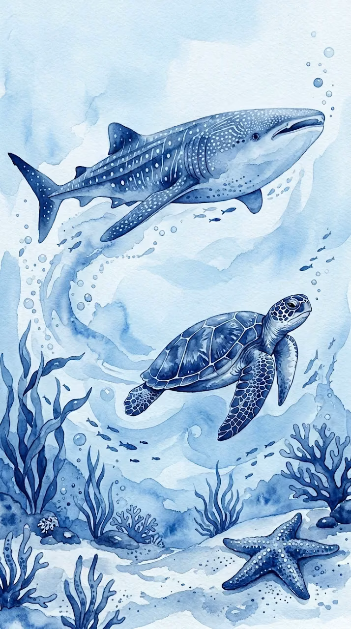 Blue Watercolor Illustration of Sea Creatures and Shells - Free Mobile AMOLED Wallpaper Background