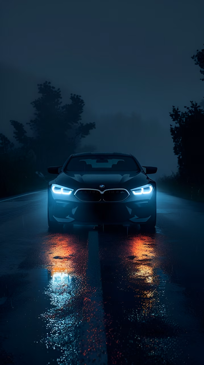 Download BMW Driving on Rainy Road Under Misty Night Sky Wallpaper in Mobile HD BMW Driving on Rainy Road Under Misty Night Sky - Free Mobile AMOLED Wallpaper Background