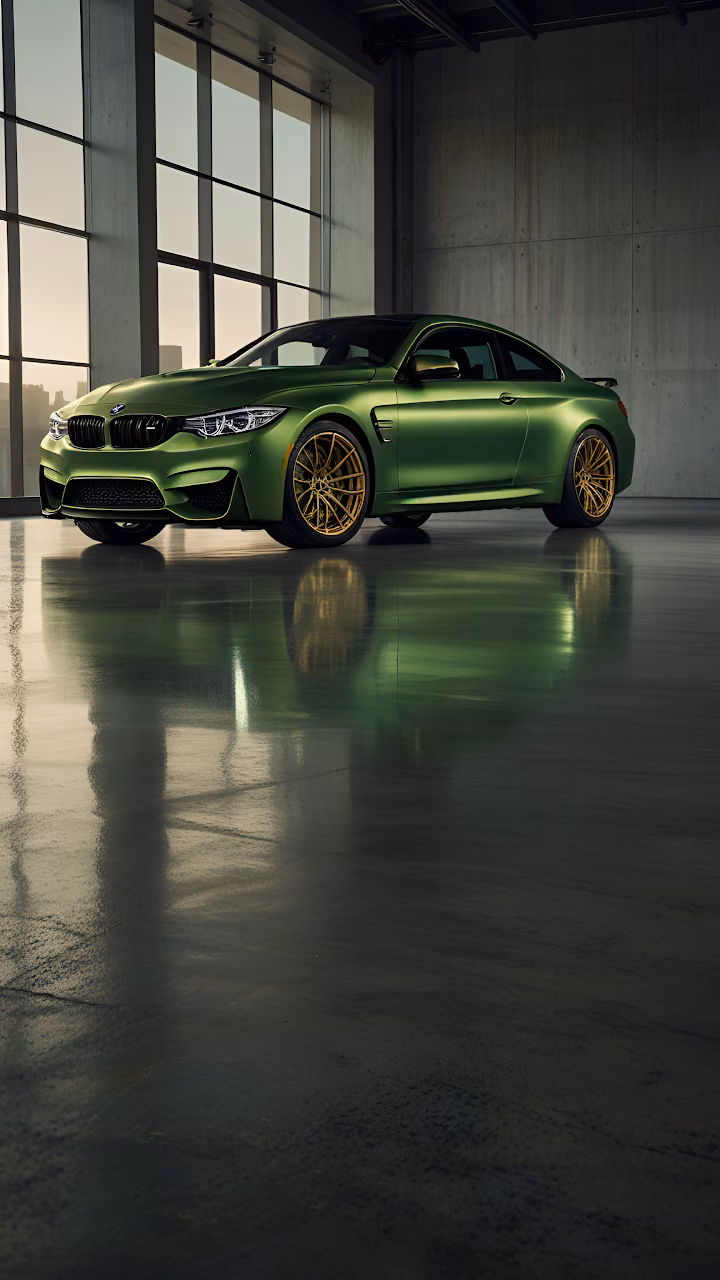 BMW M4 Competition Green Coupe Gold Wheels Showroom - Free Mobile AMOLED Wallpaper Background