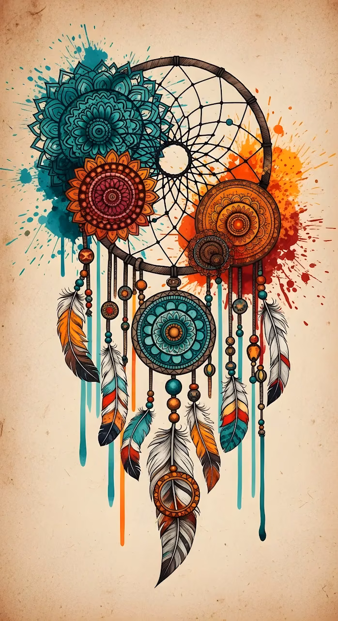 Bohemian Dreamcatcher Mandala Watercolor Splatters - Free Mobile AMOLED Wallpaper Background