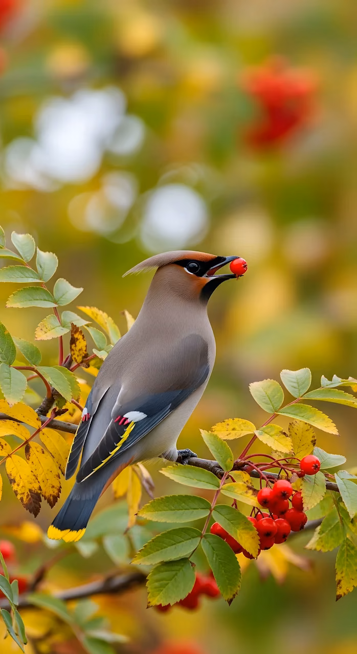 Bohemian Waxwing Bird Eating Red Rowan Berry Autumn - Free Mobile AMOLED Wallpaper Background