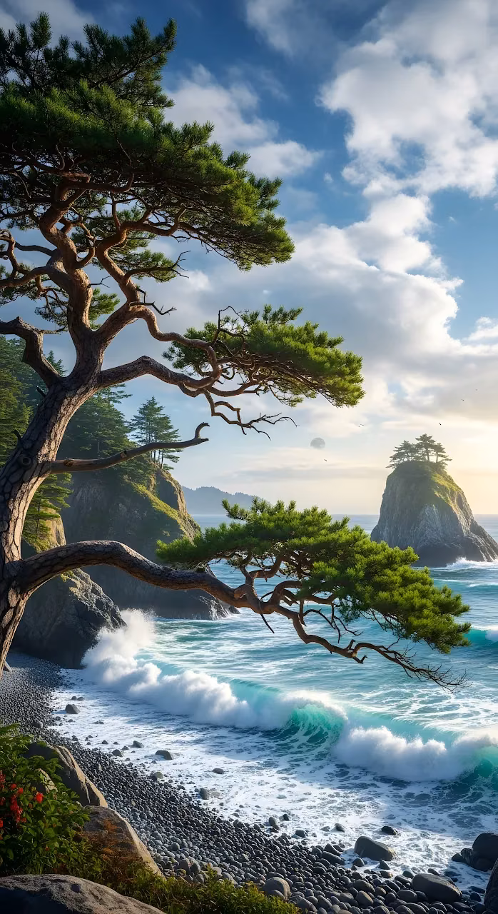 Bonsai Pine Overlooking Pacific Pebble Beach Coastline - Free Mobile AMOLED Wallpaper Background
