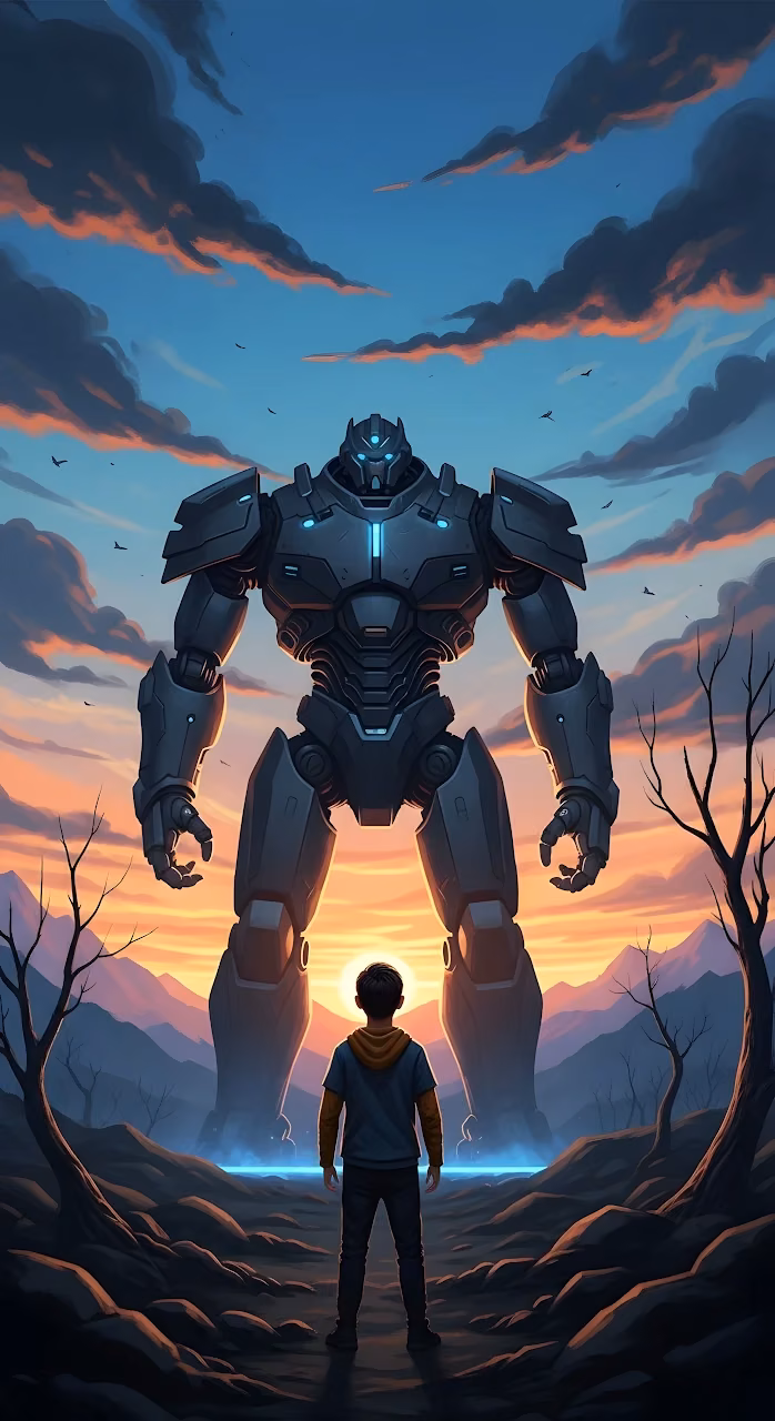 Boy Facing Giant Mech Robot at Dramatic Sunset Landscape - Free Mobile AMOLED Wallpaper Background