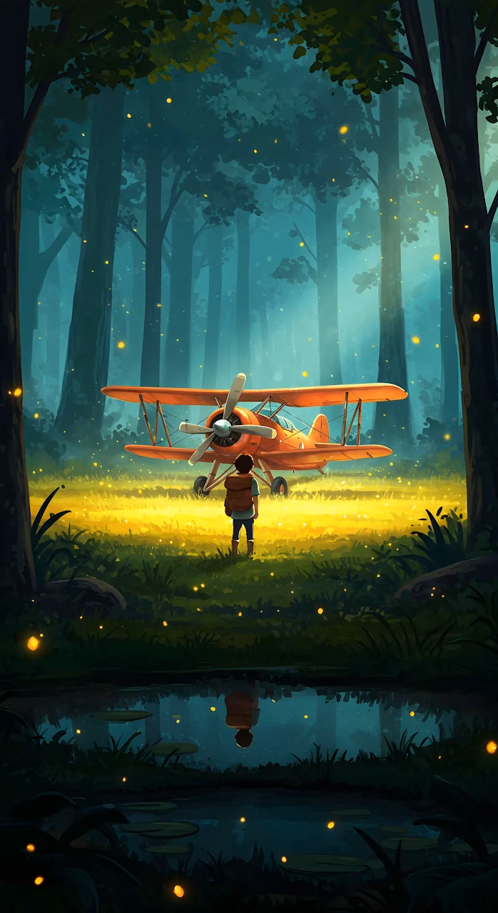 Download Boy Finds Orange Biplane in a Firefly Forest Glade Wallpaper in Mobile HD Boy Finds Orange Biplane in a Firefly Forest Glade - Free Mobile AMOLED Wallpaper Background