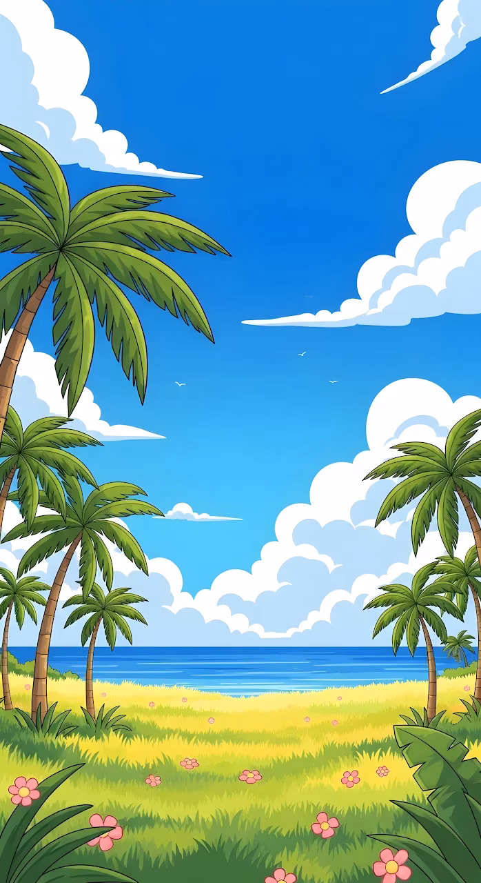 Bright Cartoon Tropical Beach Scene with Palm Trees - Free Mobile AMOLED Wallpaper Background