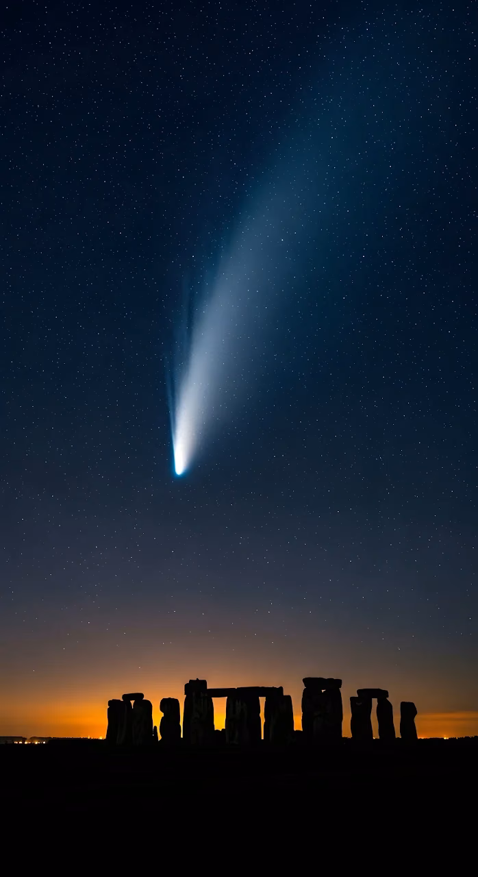 Bright Comet Streaking Over Stonehenge Night Astroscapes - Free Mobile AMOLED Wallpaper Background