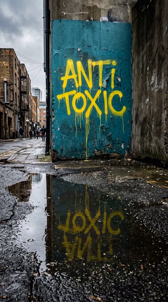 Download Bright Yellow 'Anti Toxic' Dripping Graffiti on a Weathered Blue Urban Wall Wallpaper in Mobile HD Bright Yellow 'Anti Toxic' Dripping Graffiti on a Weathered Blue Urban Wall - Free Mobile AMOLED Wallpaper Background