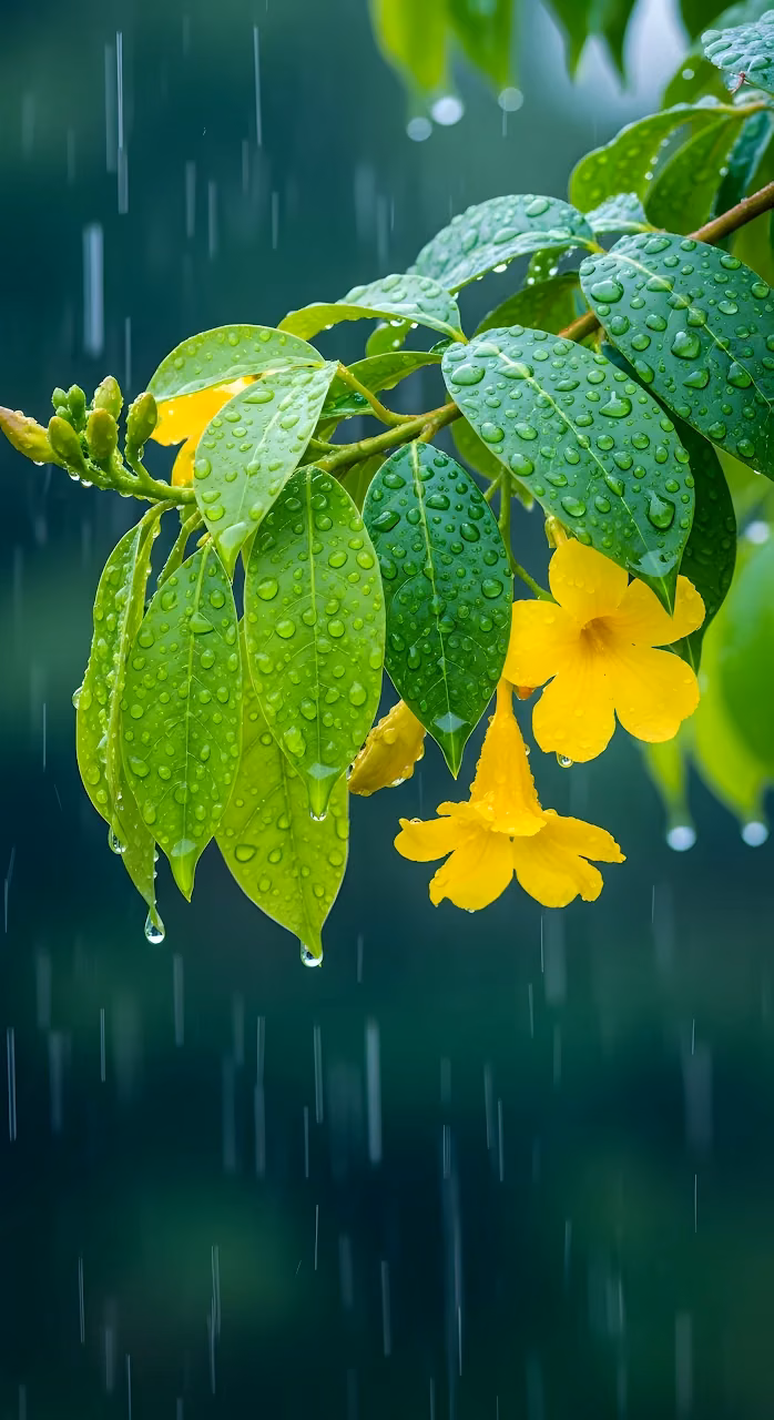 Bright Yellow Flowers and Green Leaves in Heavy Rain - Free Mobile AMOLED Wallpaper Background