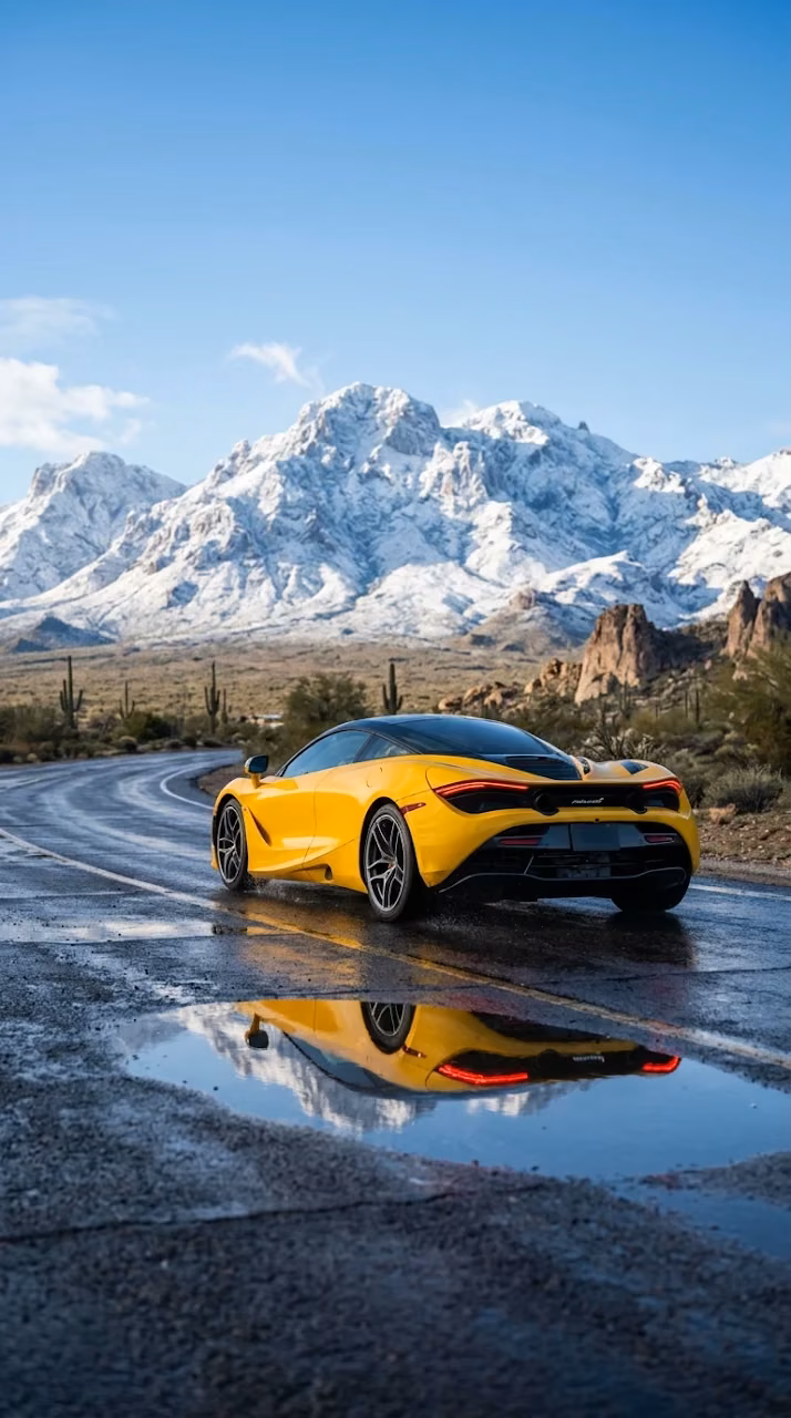 Download Bright Yellow Sports Car on Wet Road with Mountain Backdrop Wallpaper in Mobile HD Bright Yellow Sports Car on Wet Road with Mountain Backdrop - Free Mobile AMOLED Wallpaper Background