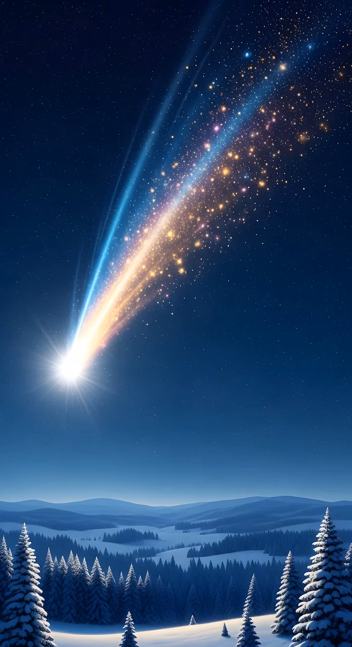 Brilliant Comet Streaking Over Snowy Winter Forest Landscape - Free Mobile AMOLED Wallpaper Background