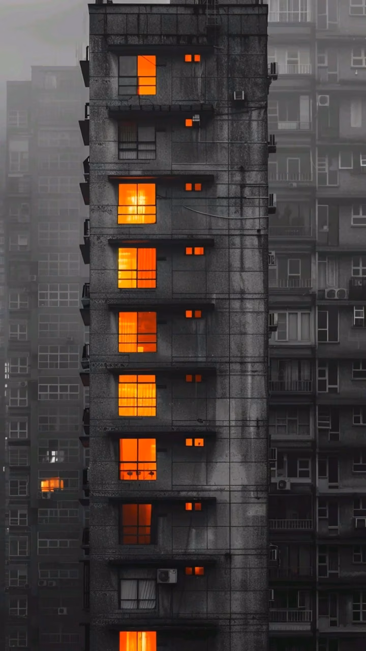 Download Brutalist Apartment Building with Fiery Orange Windows Wallpaper in Mobile HD Brutalist Apartment Building with Fiery Orange Windows - Free Mobile AMOLED Wallpaper Background