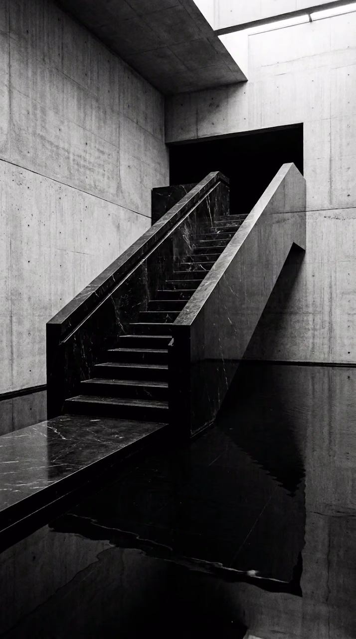 Download Brutalist Black Marble Staircase and Reflective Water Wallpaper Wallpaper in Mobile HD Brutalist Black Marble Staircase and Reflective Water Wallpaper - Free Mobile AMOLED Wallpaper Background