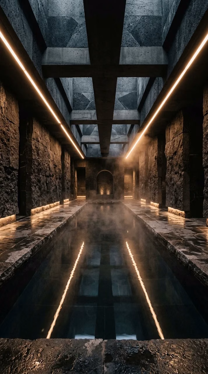 Brutalist Luxury Spa Pool Dark Volcanic Stone Wallpaper - Free Mobile AMOLED Wallpaper Background