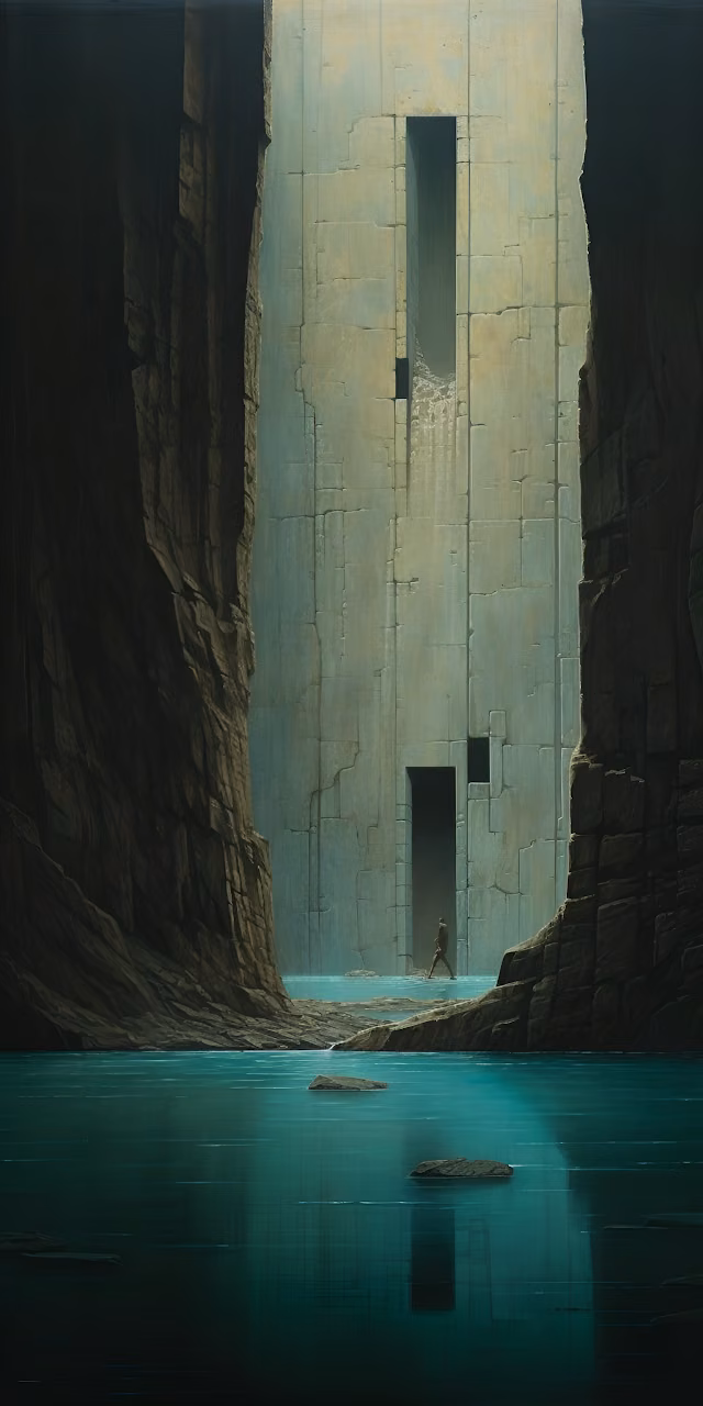 Brutalist Structure in Deep Canyon with Teal Water Entrance - Free Mobile AMOLED Wallpaper Background