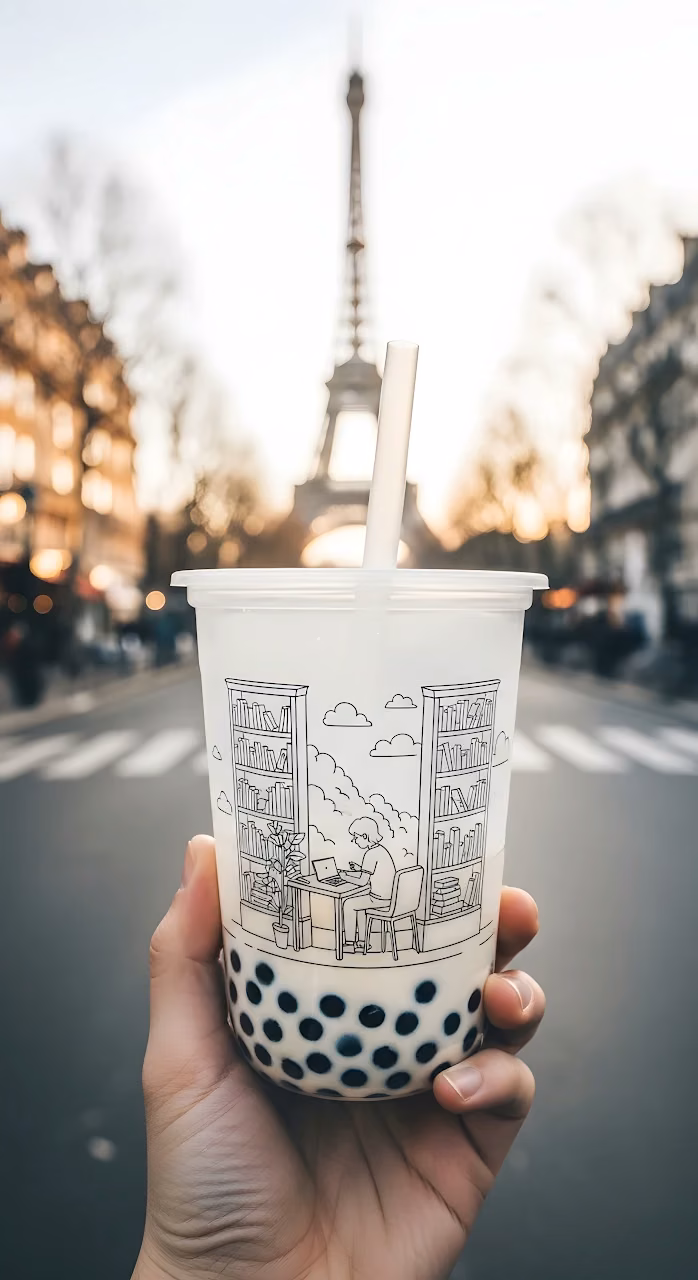 Bubble Tea with Library Drawing and Eiffel Tower View - Free Mobile AMOLED Wallpaper Background