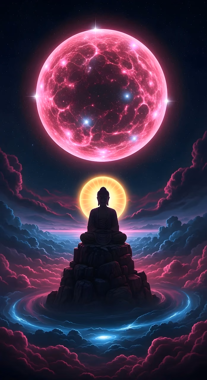Buddha Meditating Under Giant Pink Nebula Moon - Free Mobile AMOLED Wallpaper Background