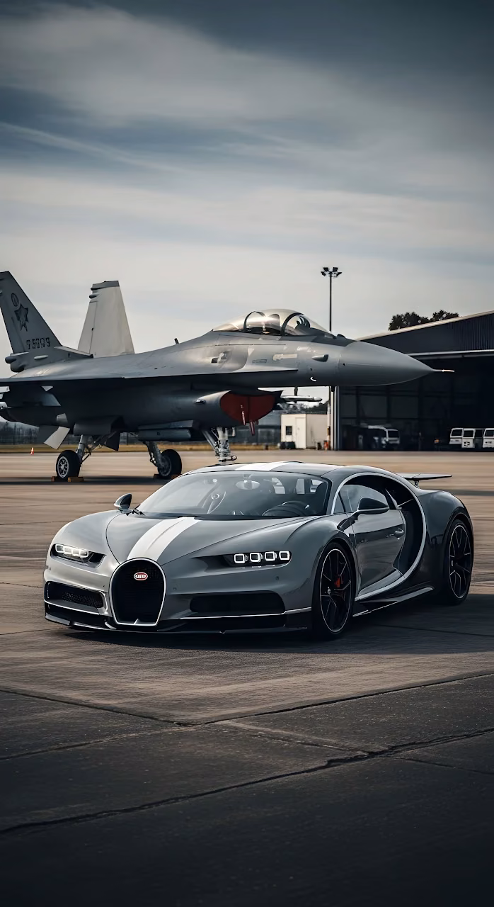 Download Bugatti Chiron Fighter Jet Airfield Luxury Sports Car Wallpaper in Mobile HD Bugatti Chiron Fighter Jet Airfield Luxury Sports Car - Free Mobile AMOLED Wallpaper Background