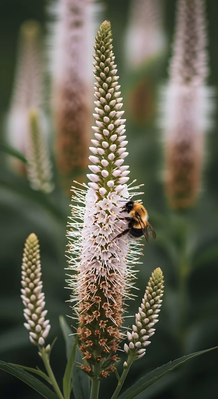 Bumblebee Pollinating Tall Spiked White Flower - Free Mobile AMOLED Wallpaper Background