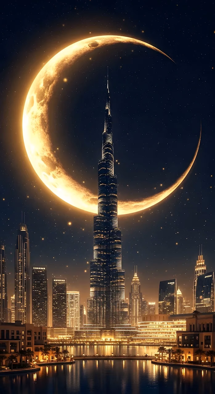 Burj Khalifa Skyline at Night Under Giant Golden Crescent Moon - Free Mobile AMOLED Wallpaper Background