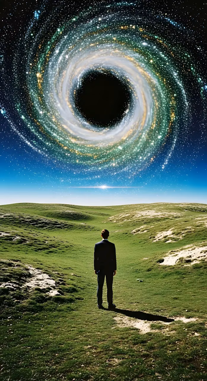 Download Businessman Gazing at Cosmic Vortex Over Green Landscape Wallpaper in Mobile HD Businessman Gazing at Cosmic Vortex Over Green Landscape - Free Mobile AMOLED Wallpaper Background