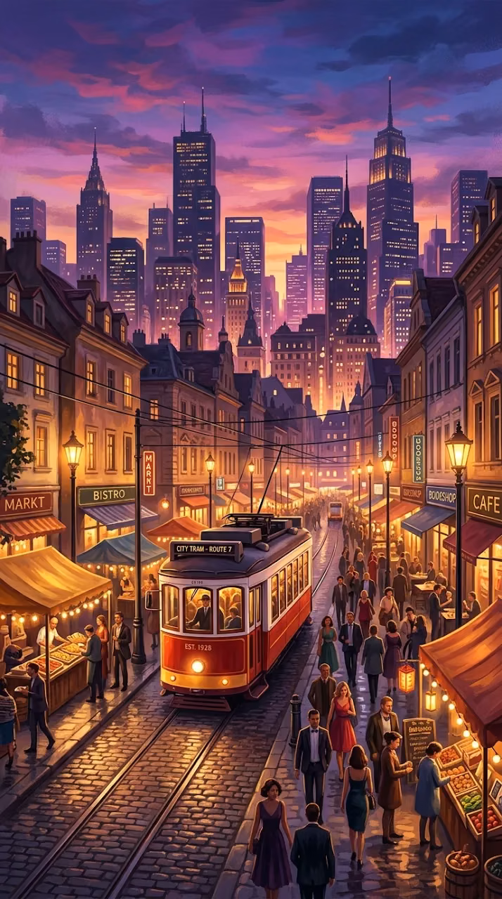 Download Bustling Cityscape at Dusk with Red Tram and Purple Sky Wallpaper in Mobile HD Bustling Cityscape at Dusk with Red Tram and Purple Sky - Free Mobile AMOLED Wallpaper Background