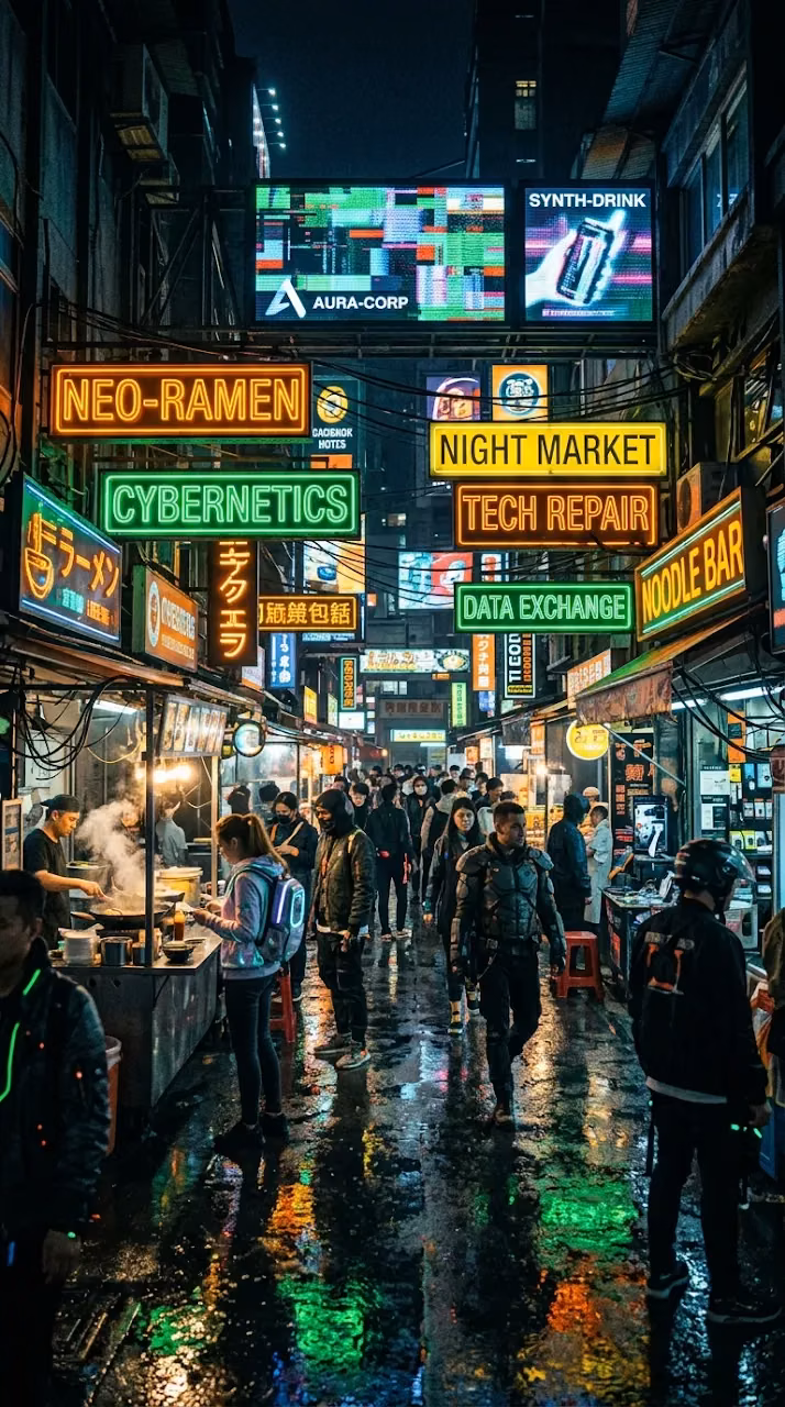 Bustling Futuristic Cyberpunk Marketplace at Night with Neon Signs - Free Mobile AMOLED Wallpaper Background