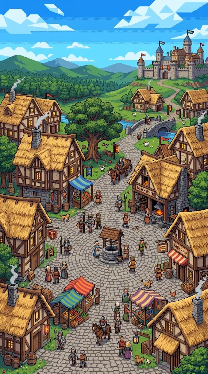 Bustling Medieval Village Scene in Detailed Pixel Art Style - Free Mobile AMOLED Wallpaper Background