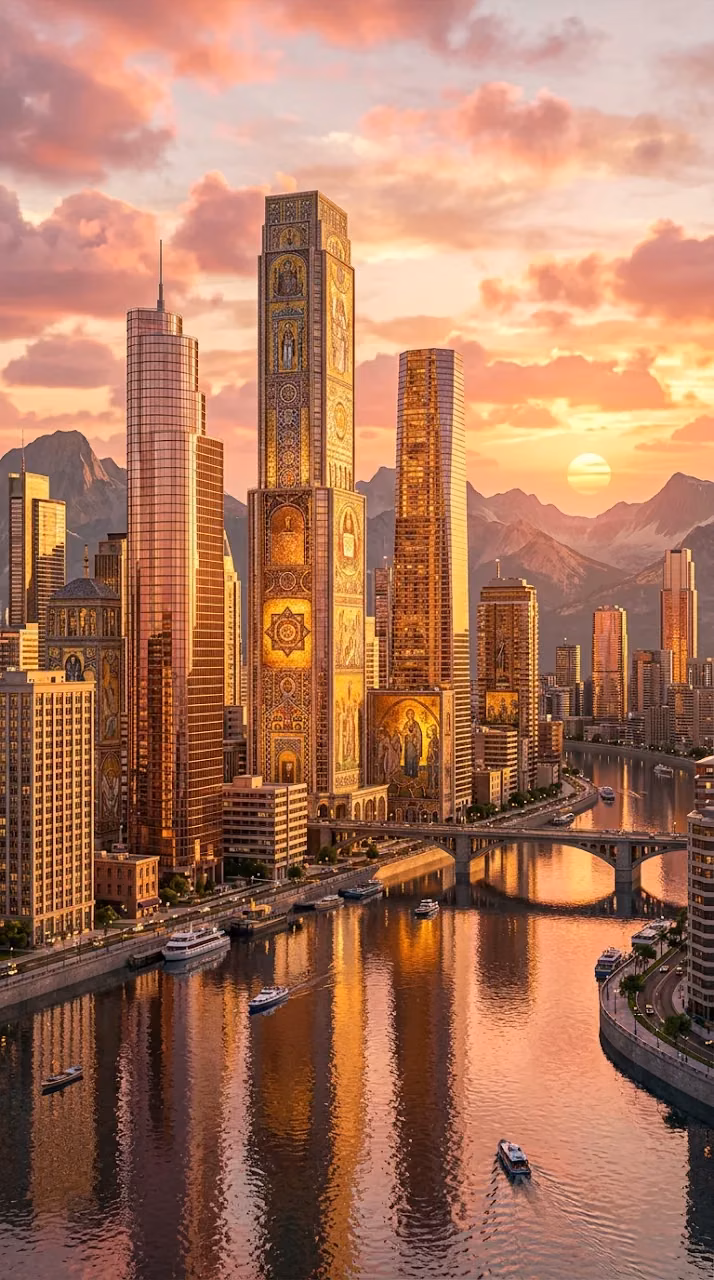 Byzantine and Modern Fusion Cityscape at Sunset with Golden River - Free Mobile AMOLED Wallpaper Background