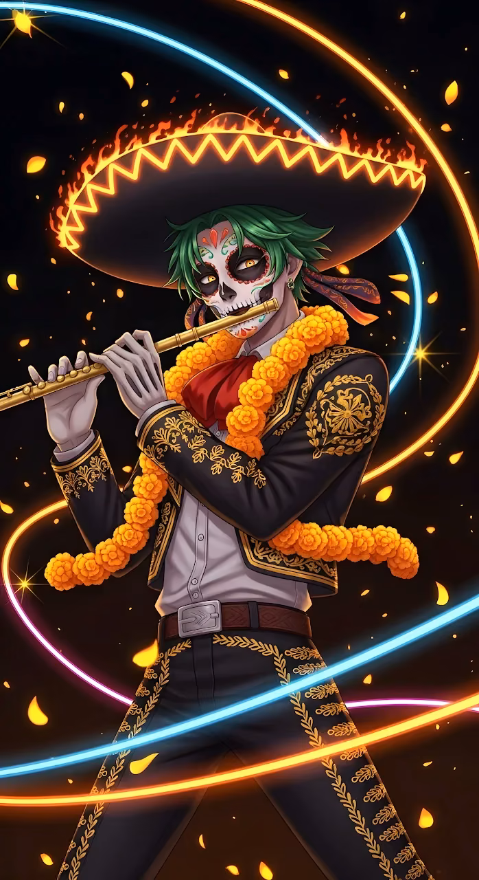 Calavera Mariachi Flutist Neon Dia de Muertos Celebration Art - Free Mobile AMOLED Wallpaper Background