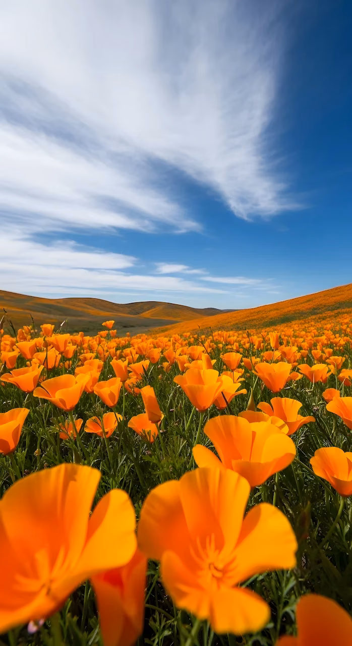 California Poppy Field Superbloom Upward View - Free Mobile AMOLED Wallpaper Background
