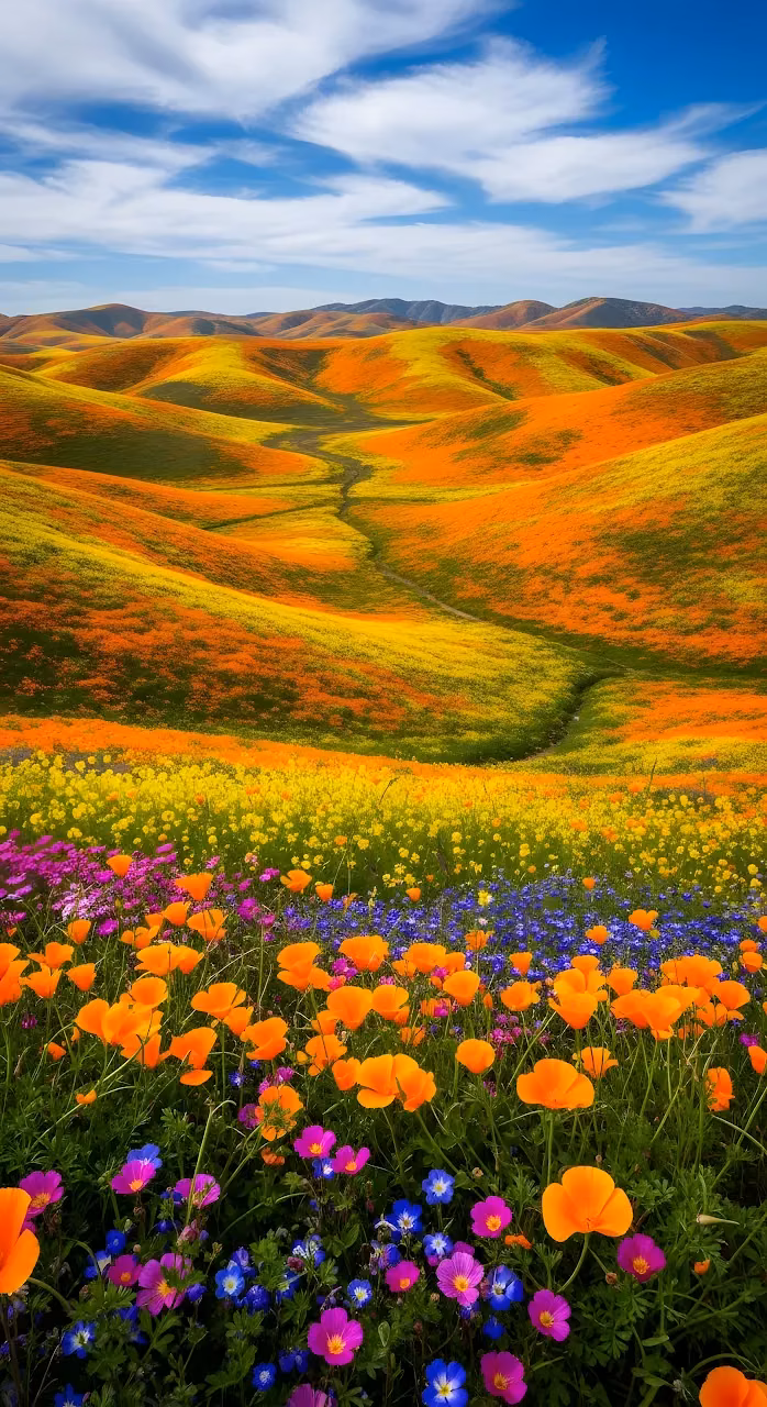 California Poppy Superbloom over Rolling Hills - Free Mobile AMOLED Wallpaper Background