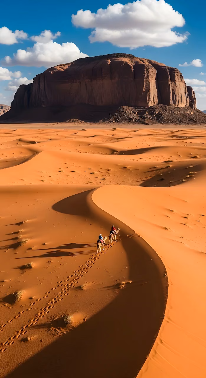Camel Caravan Crossing Sahara Dunes beneath Monumental Butte - Free Mobile AMOLED Wallpaper Background