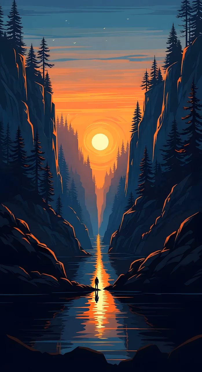 Canyon Gorge Sunset Reflection Solitude Illustration - Free Mobile AMOLED Wallpaper Background