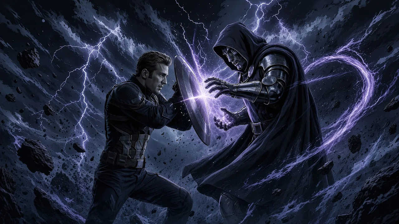 Download Captain America vs Doctor Doom Lightning 4K Wallpaper in 4K UHD Captain America deflecting a blast of purple energy from Doctor Doom with his circular shield during a lightning storm.