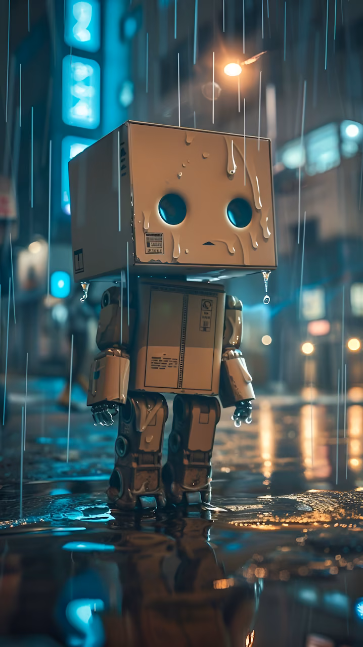 Cardboard Robot in Rain Under Neon City Lights - Free Mobile AMOLED Wallpaper Background