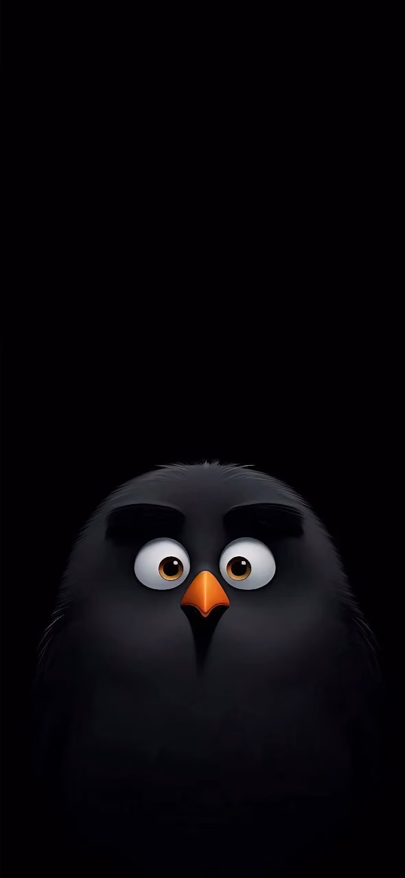 Cartoon Black Bird with Big Eyes on Black - Free Mobile AMOLED Wallpaper Background