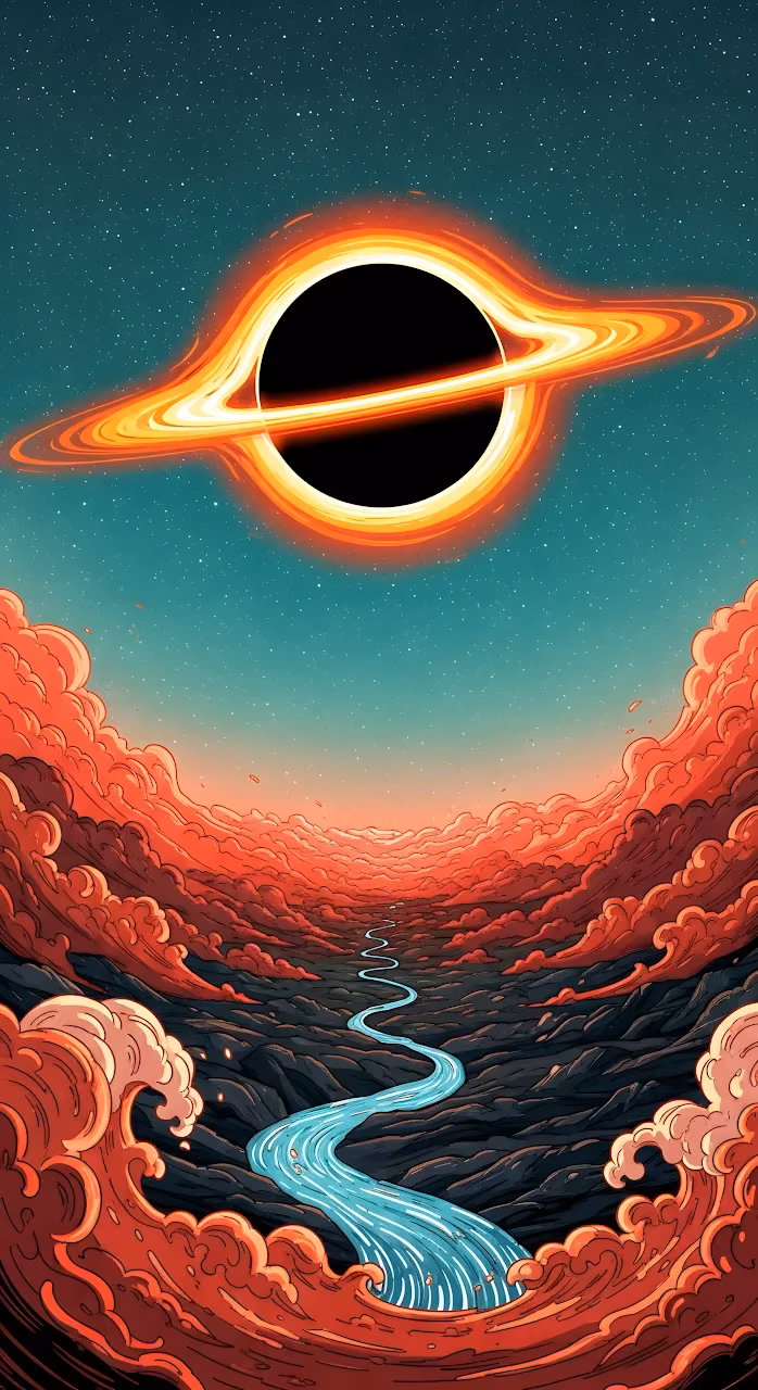Cartoon Black Hole Over Red Clouds and Winding Blue River - Free Mobile AMOLED Wallpaper Background