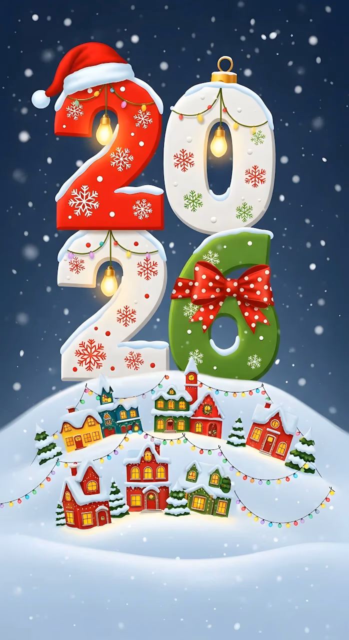 Cartoon Christmas Village 2026 New Year Illustration - Free Mobile AMOLED Wallpaper Background
