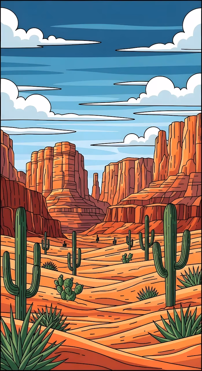 Cartoon Desert Canyon Landscape Saguaro Cacti Monument Valley - Free Mobile AMOLED Wallpaper Background