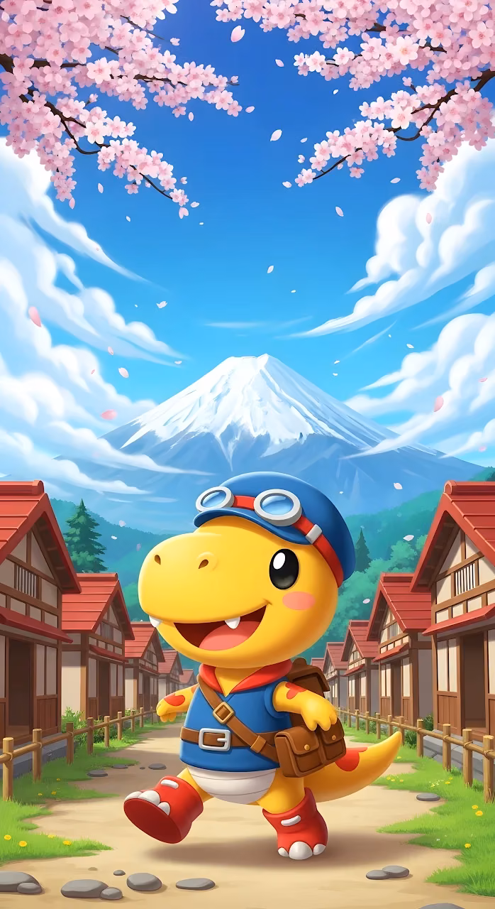 Download Cartoon Dinosaur Tourist Mount Fuji Cherry Blossoms Wallpaper in Mobile HD Cartoon Dinosaur Tourist Mount Fuji Cherry Blossoms - Free Mobile AMOLED Wallpaper Background