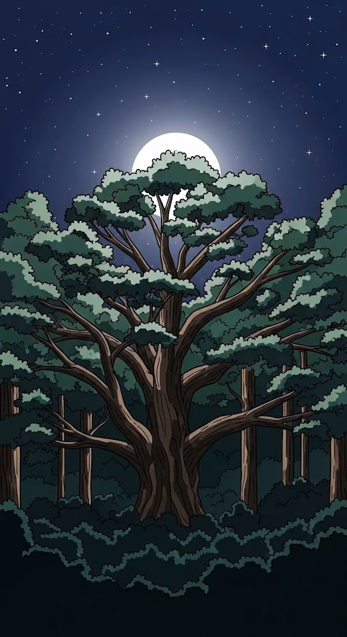 Cartoon Forest Night Scene with Giant Tree and Full Moon - Free Mobile AMOLED Wallpaper Background