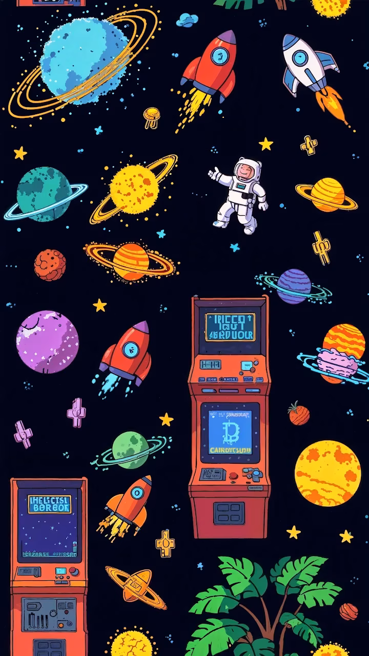 Cartoon Space Scene with Rockets and Arcade Games - Free Mobile AMOLED Wallpaper Background