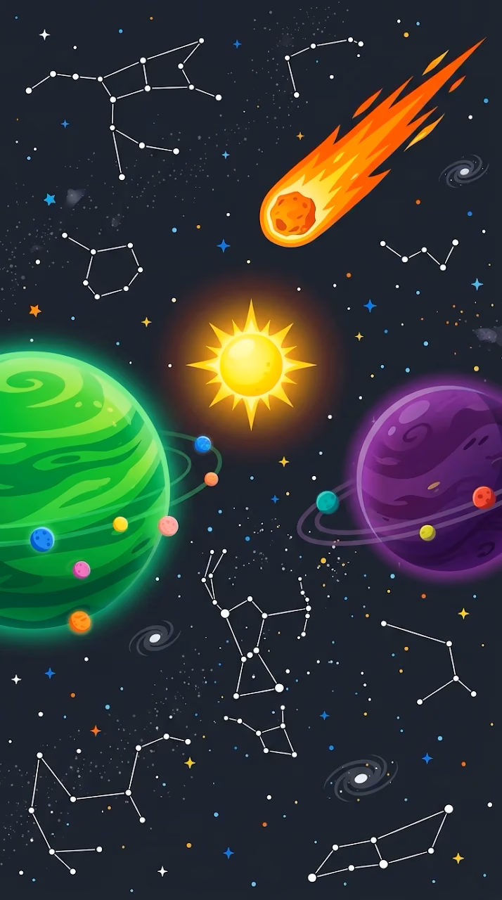 Cartoon Style Cosmic Scene with Colorful Planets and Star Constellations - Free Mobile AMOLED Wallpaper Background