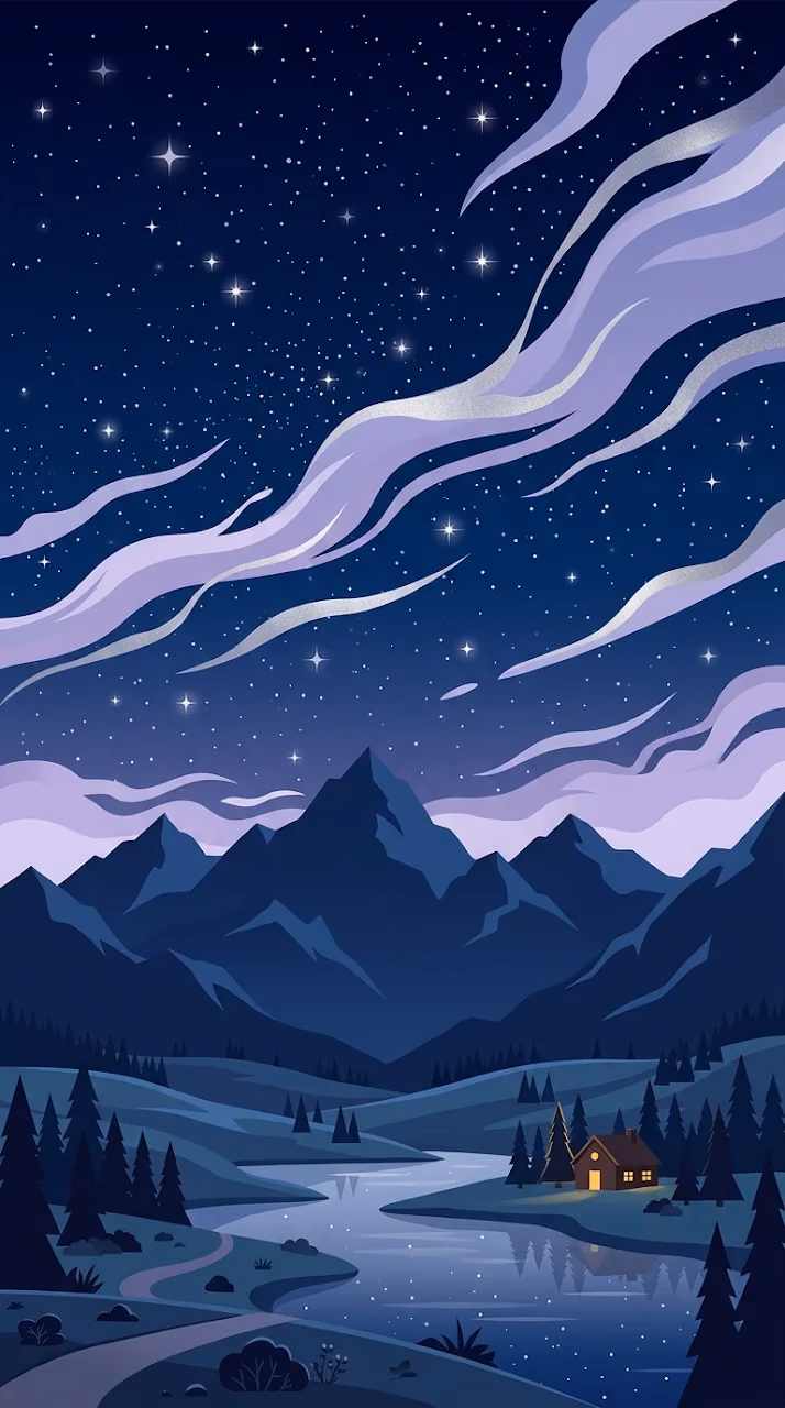 Download Cartoon Style Mountain Landscape Under a Starry Dark Blue Sky Wallpaper in Mobile HD Cartoon Style Mountain Landscape Under a Starry Dark Blue Sky - Free Mobile AMOLED Wallpaper Background