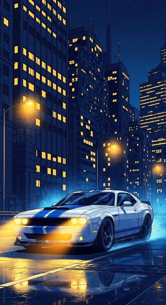 Download Cartoon Style Muscle Car Driving in Neon-Lit Night City Wallpaper in Mobile HD Cartoon Style Muscle Car Driving in Neon-Lit Night City - Free Mobile AMOLED Wallpaper Background