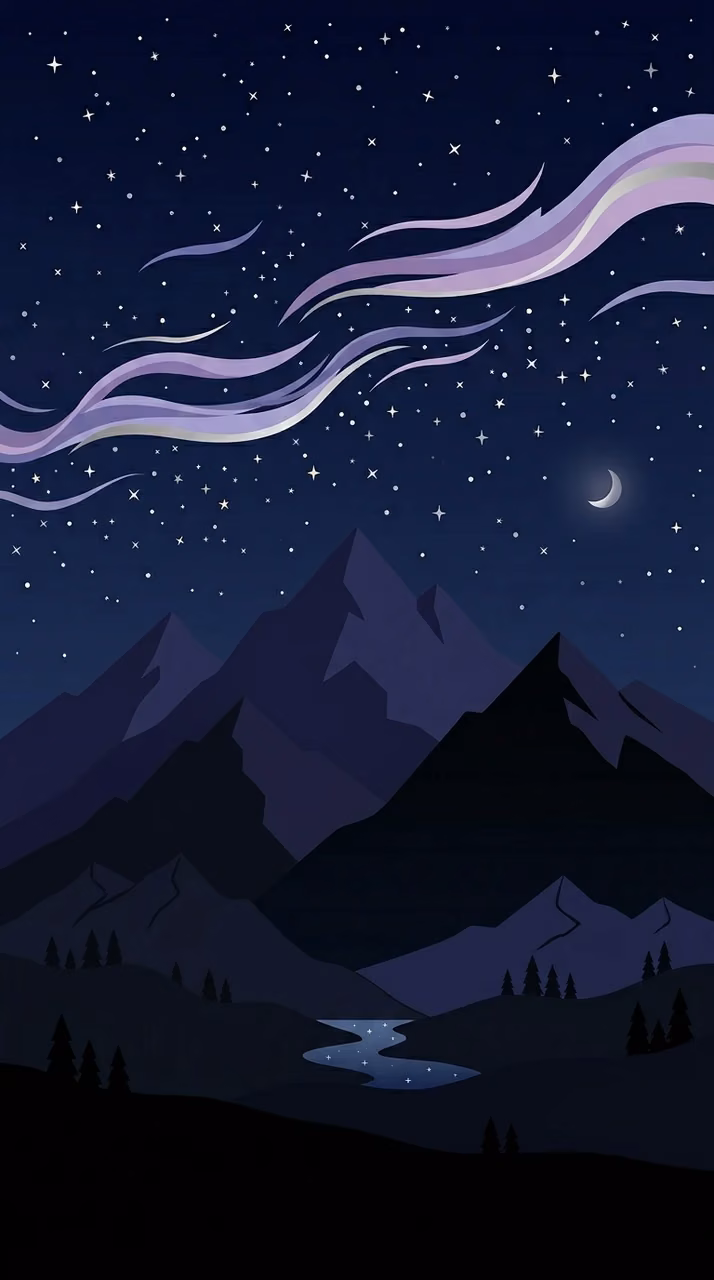 Download Cartoon Style Serene Mountain Landscape Under Starry Night Sky Wallpaper in Mobile HD Cartoon Style Serene Mountain Landscape Under Starry Night Sky - Free Mobile AMOLED Wallpaper Background