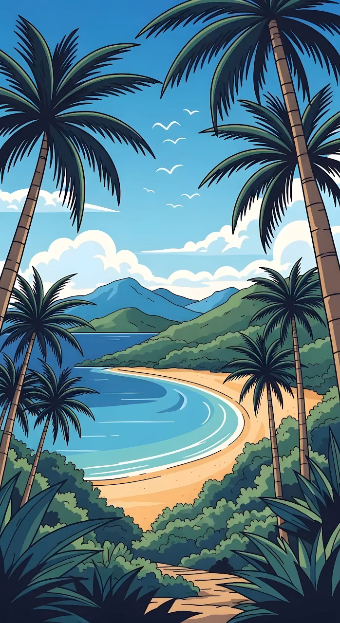 Download Cartoon Tropical Bay Framed by Palm Trees and Lush Hills Wallpaper in Mobile HD Cartoon Tropical Bay Framed by Palm Trees and Lush Hills - Free Mobile AMOLED Wallpaper Background