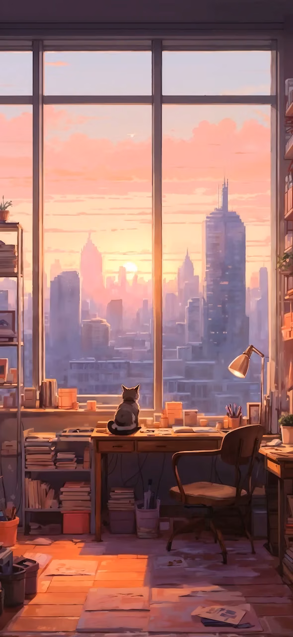 Cat Watching Sunset Over City from Cozy Studio - Free Mobile AMOLED Wallpaper Background