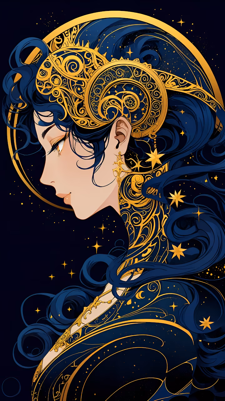 Celestial Anime Woman Gold Ornate Zodiac Profile - Free Mobile AMOLED Wallpaper Background