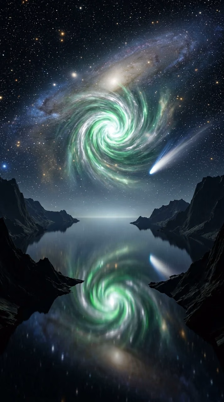 Download Celestial Fantasy Landscape with Radiant Green Quasar Wallpaper in Mobile HD Celestial Fantasy Landscape with Radiant Green Quasar - Free Mobile AMOLED Wallpaper Background